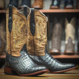 Tanner Mark Men's Genuine Caiman Belly Round Toe Boots - Crazy Honey Horse Top Black