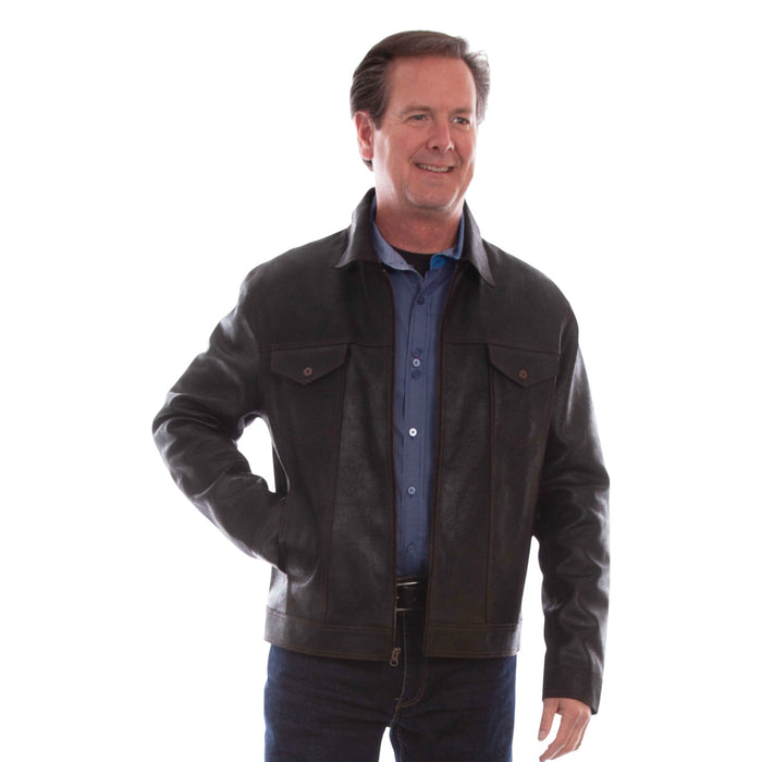 Collared leather jacket with a rugged finish. This jacket features a full zip closure and adjustable snap cuffs. Multiple pockets including two side entry pockets as well as double chest pockets with a snap flap closure to hold all your necessities. 100% Real Leather - Pocket Lining: 100% Cotton