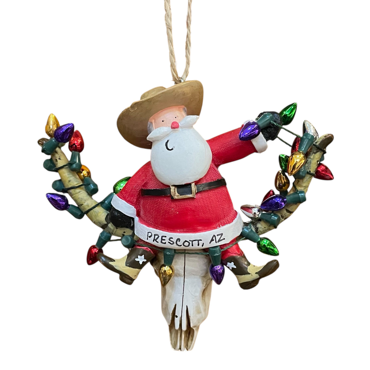 Santa on Longhorn Skull with Christmas Lights Ornament