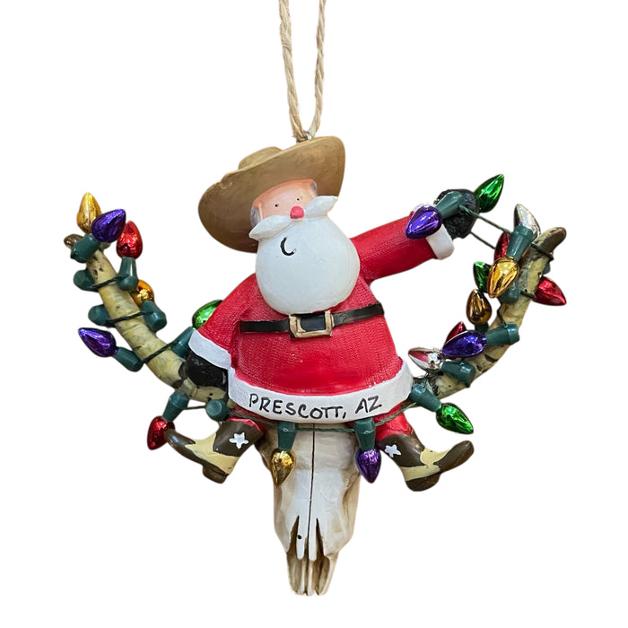 Prescott, Arizona Keepsake Ornament- Santa on Longhorn Skull with Christmas Lights