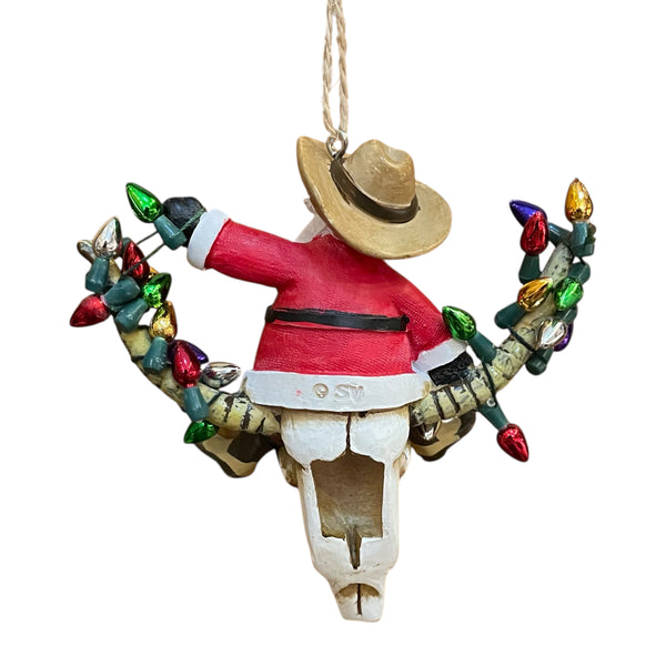 Santa on Longhorn Skull with Christmas Lights Ornament