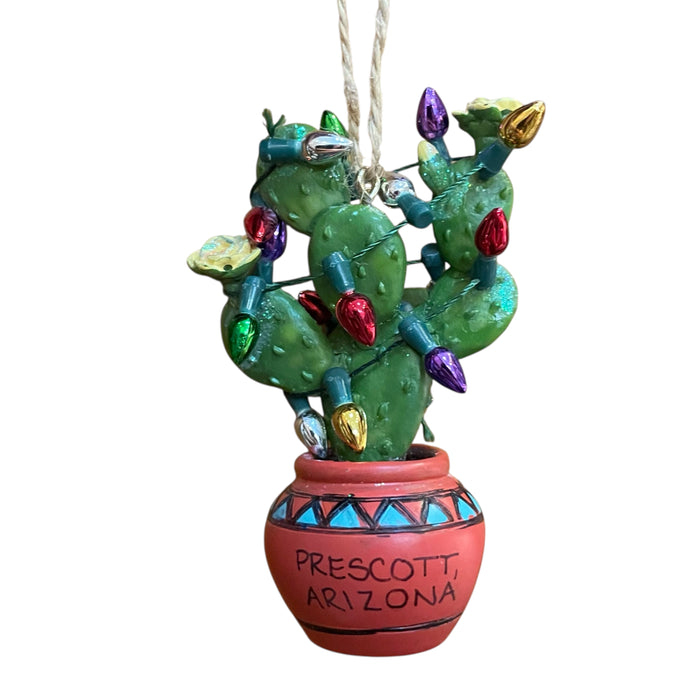 Prescott, Arizona Keepsake Ornament- Sparkly Prickly Pear in Pot with Christmas Lights
