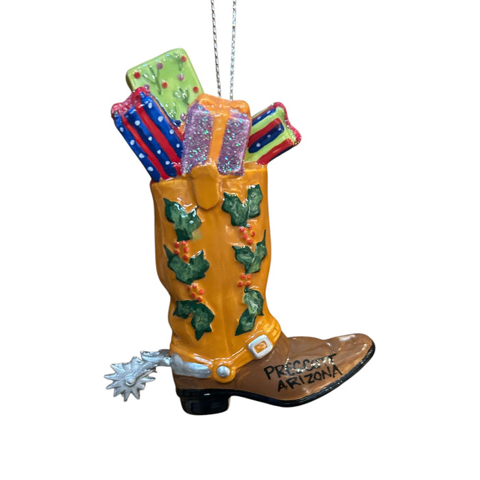 Prescott, Arizona Keepsake Ornament- Glass Boot With Christmas Presents