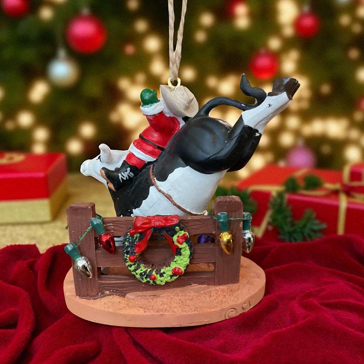 Bull Riding Santa Ornament