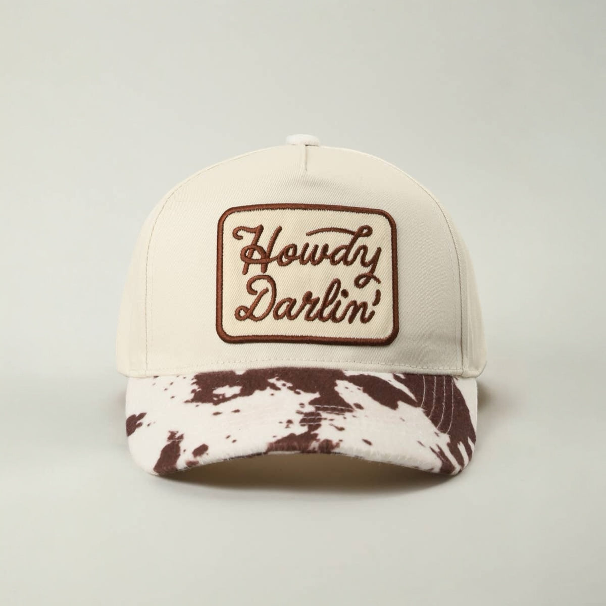Howdy Darlin Embroidered Patch Animal Print Trucker Hat: BROWN / ONE SIZE