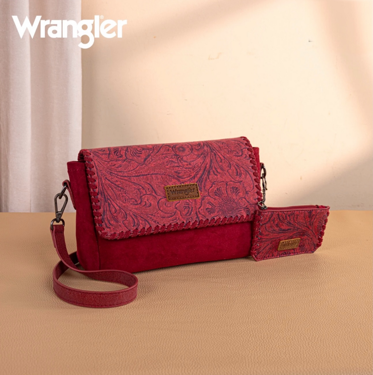 Wrangler Vintage Floral Printed Crossbody Bag with Small Pouch- Burgundy