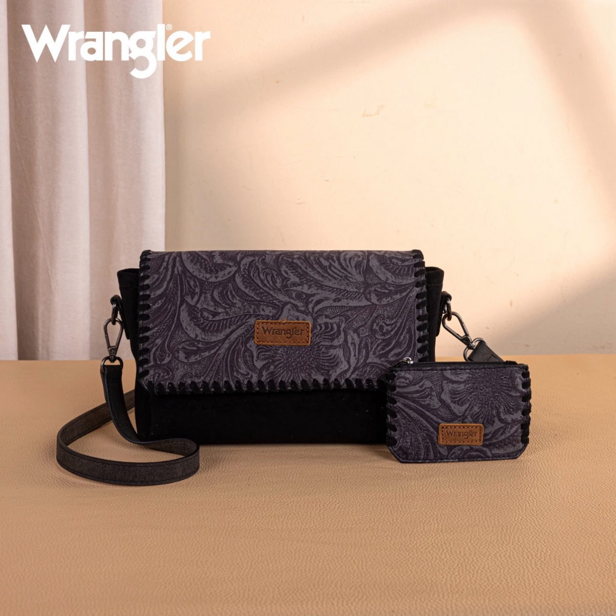 Wrangler Vintage Floral Printed Crossbody Bag with Small Pouch- Black