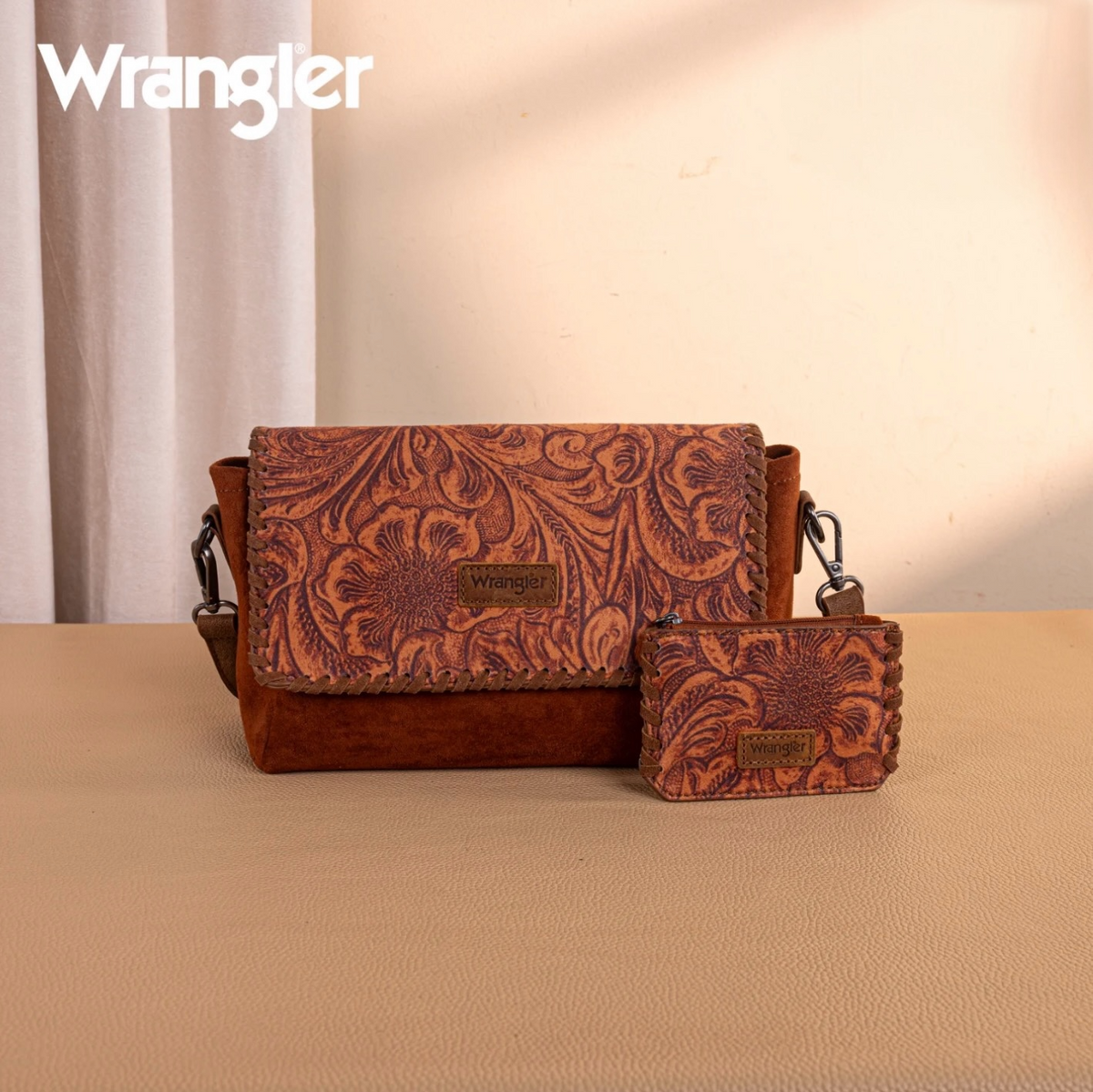 Wrangler Vintage Floral Printed Crossbody Bag with Small Pouch- Brown