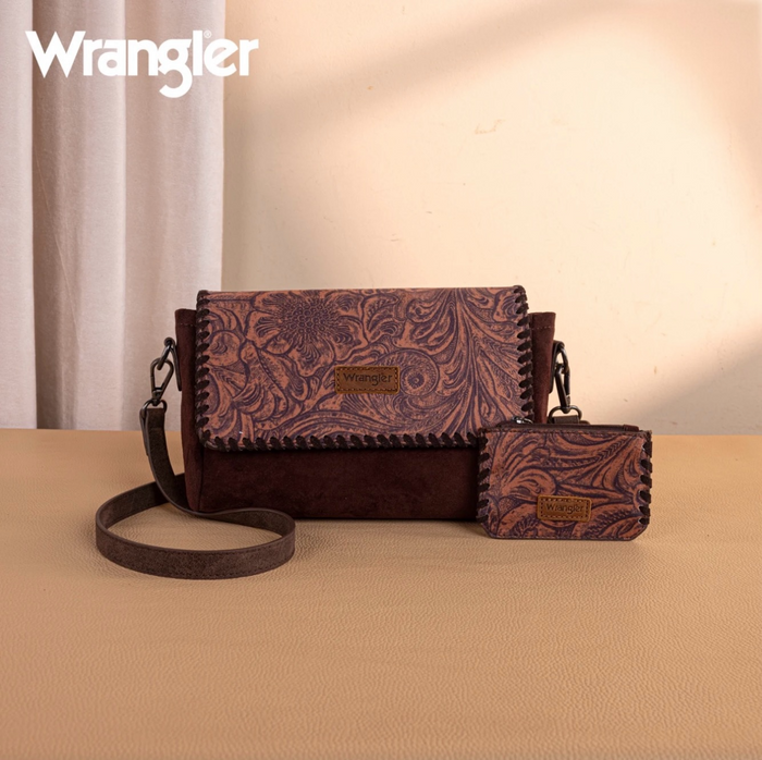 Wrangler Vintage Floral Printed Crossbody Bag with Small Pouch- Coffee