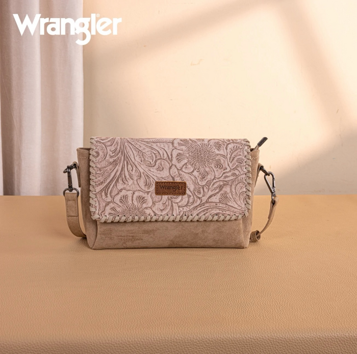Wrangler Vintage Floral Printed Crossbody Bag with Small Pouch- Khaki