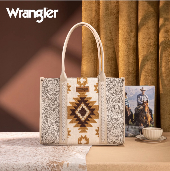 Wrangler Tooled Aztec Pattern Print Concealed Carry Large Tote -Beige