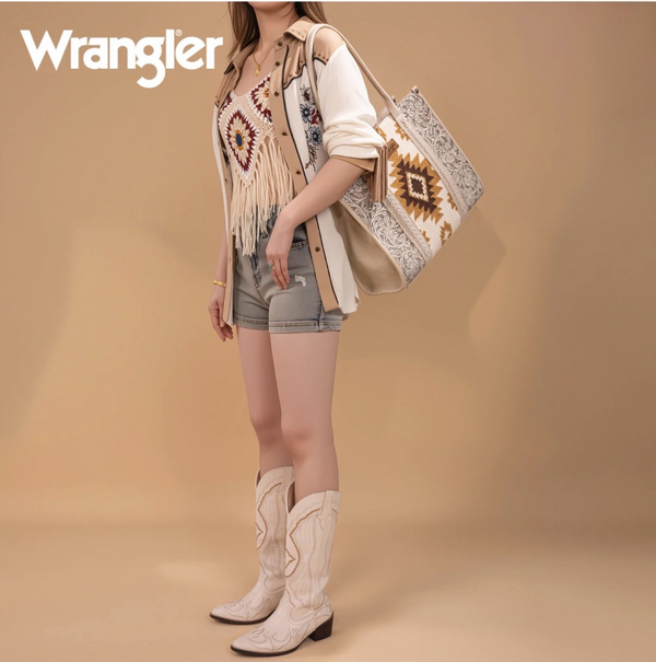 Wrangler Tooled Aztec Pattern Print Concealed Carry Large Tote -Beige