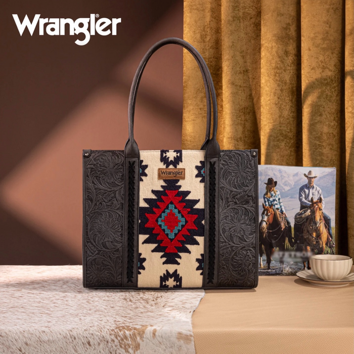 Wrangler Tooled Aztec Pattern Print Concealed Carry Large Tote -Black