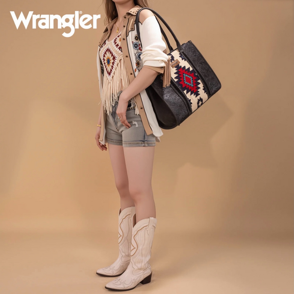 Wrangler Tooled Aztec Pattern Print Concealed Carry Large Tote -Black