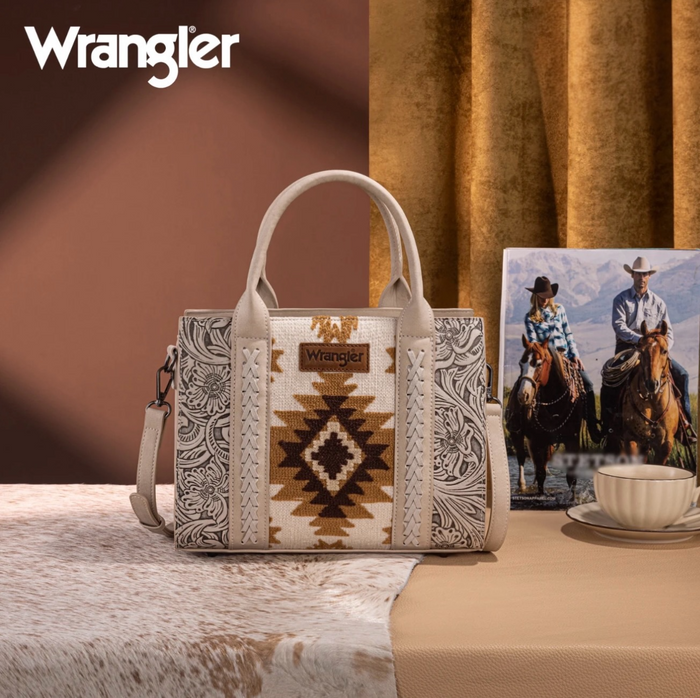 Wrangler Tooled Aztec Pattern Print Concealed Carry Tote/Crossbody -Beige