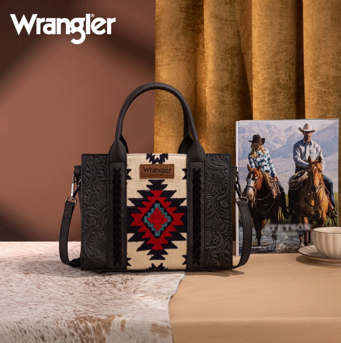 Wrangler Tooled Aztec Pattern Print Concealed Carry Tote/Crossbody -Black