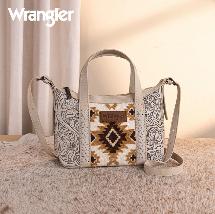 Wrangler Tooled Aztec Pattern Print Tote/Crossbody -Beige