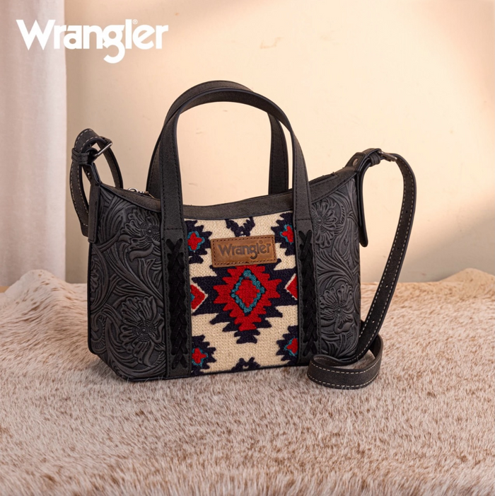 Wrangler Tooled Aztec Pattern Print Tote/Crossbody -Black