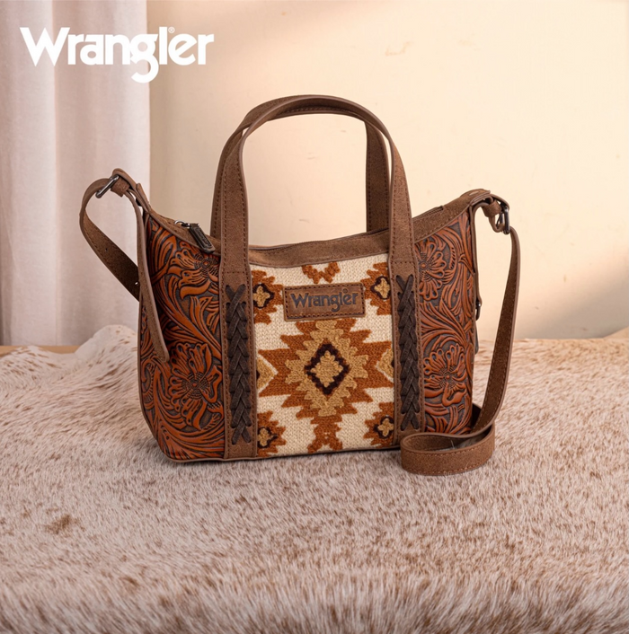 Wrangler Tooled Aztec Pattern Print Tote/Crossbody -Brown