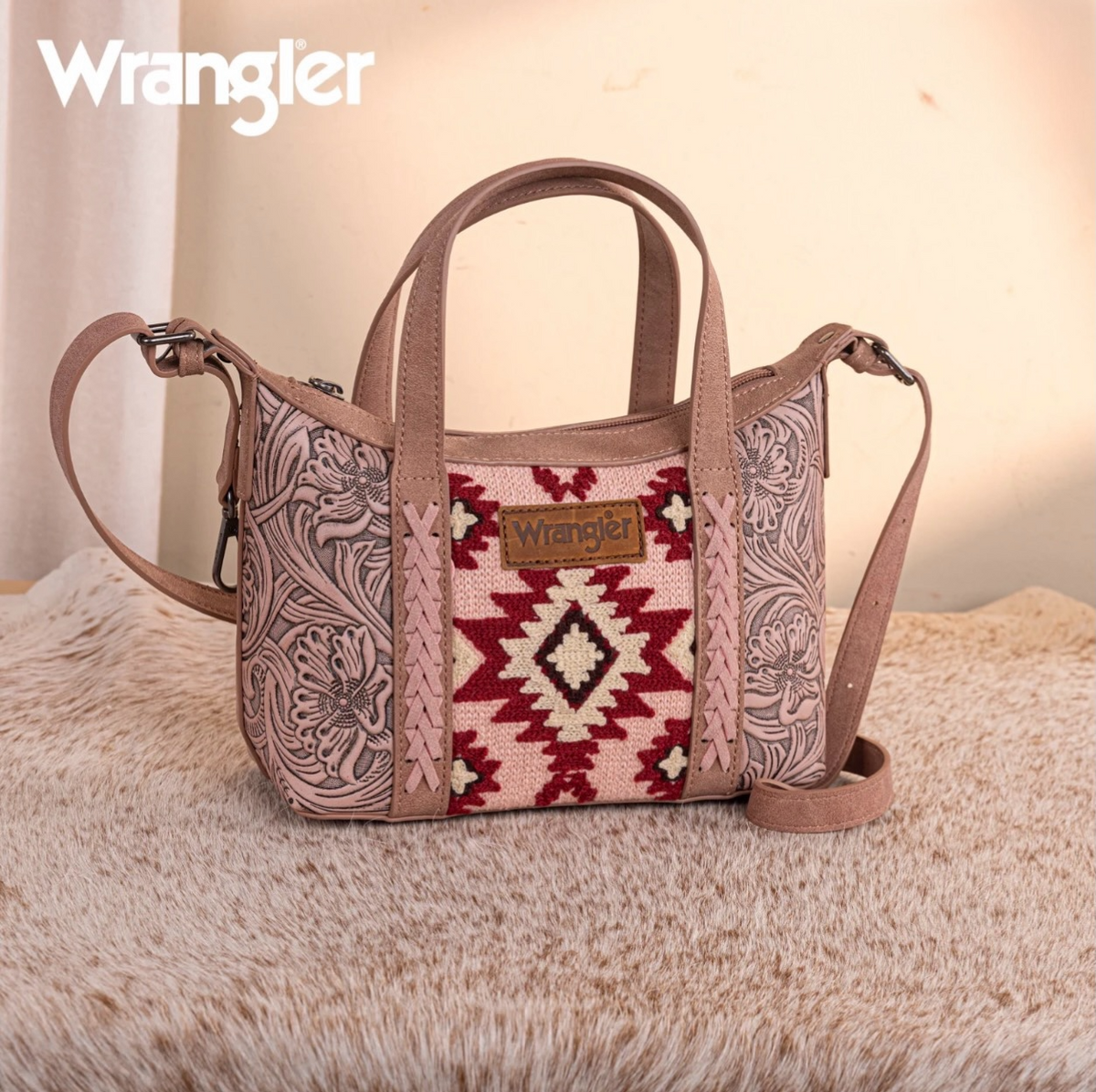 Wrangler Tooled Aztec Pattern Print Tote/Crossbody -Dark Pink