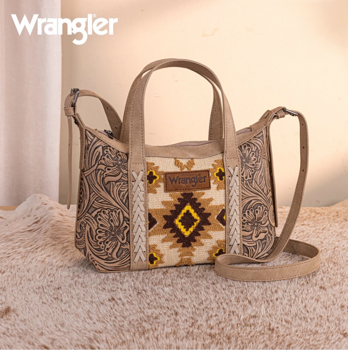 Wrangler Tooled Aztec Pattern Print Tote/Crossbody -Tan