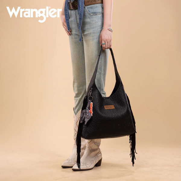 Wrangler Fringe Floral Tooled Hobo Bag-Black