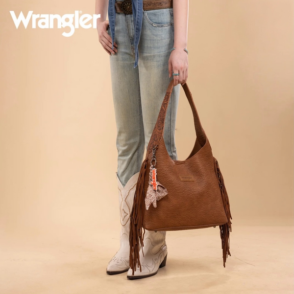 Wrangler Fringe Floral Tooled Hobo Bag-Brown