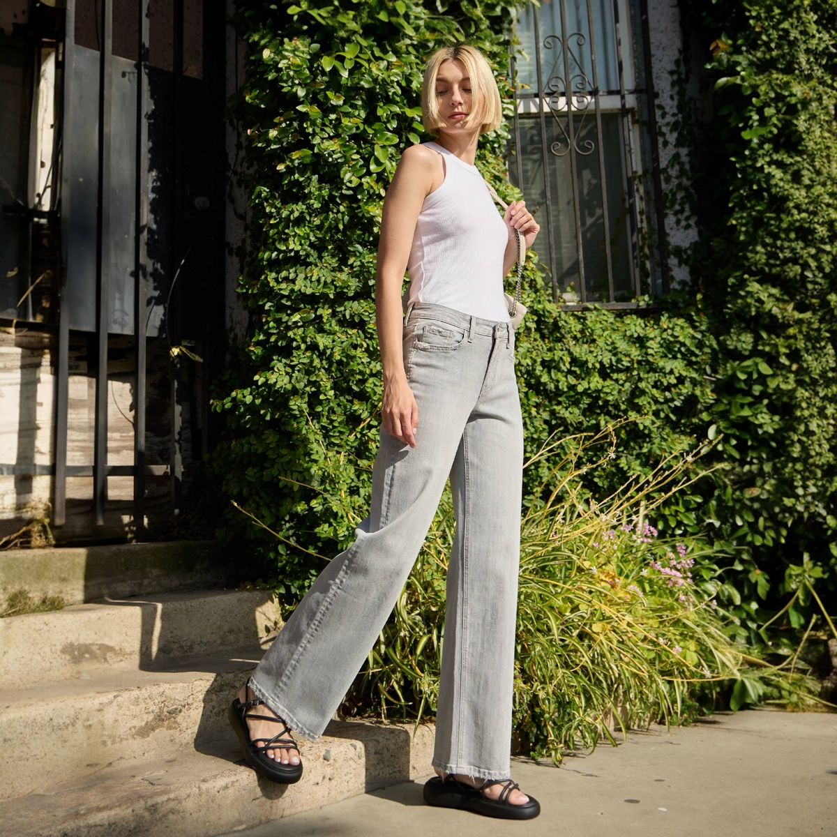 Light Gray High Rise Wide Leg Jeans Clementine