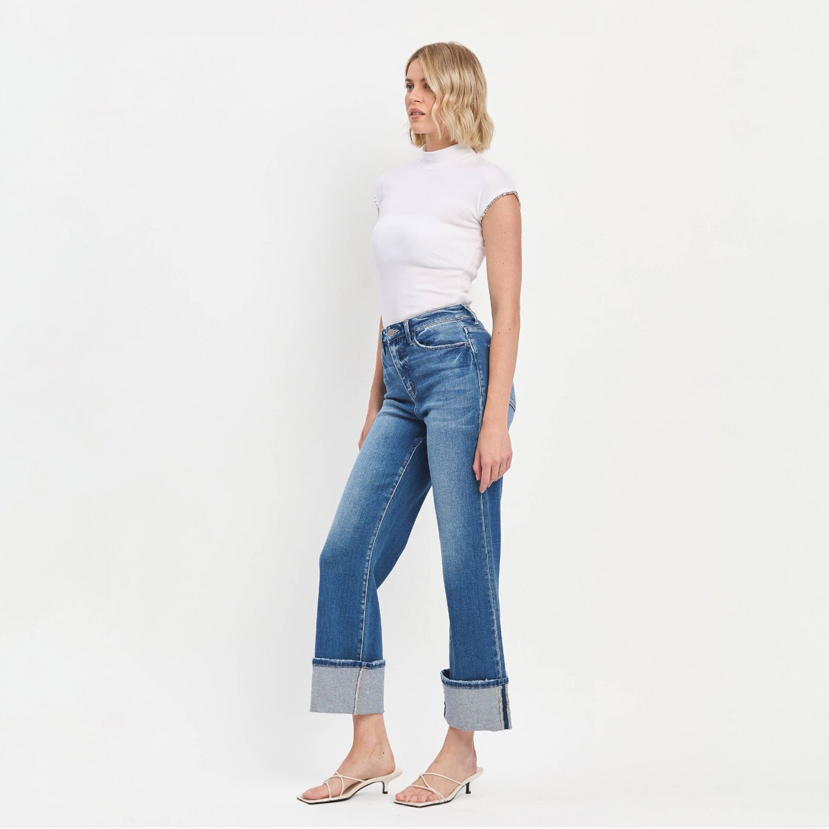 90'S Vintage Super High Rise Cuffed Flare Jeans Blue Fairy