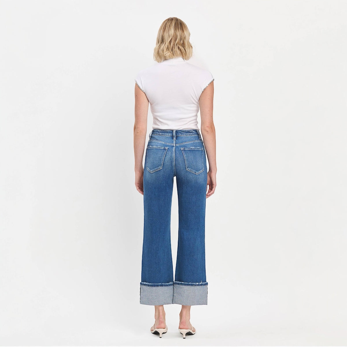 90'S Vintage Super High Rise Cuffed Flare Jeans Blue Fairy