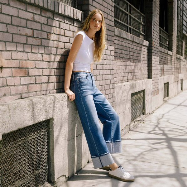 90'S Vintage Super High Rise Cuffed Flare Jeans Blue Fairy