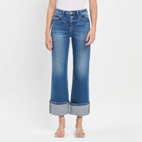 90'S Vintage Super High Rise Cuffed Flare Jeans Blue Fairy