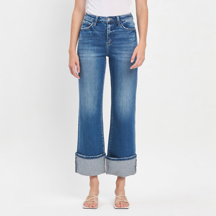 90'S Vintage Super High Rise Cuffed Flare Jeans Blue Fairy