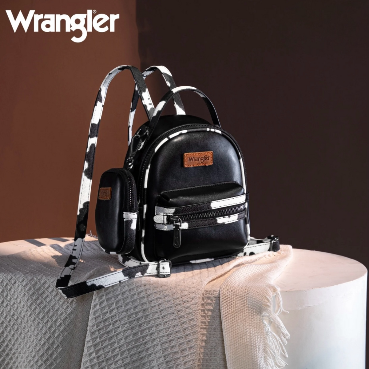 cow mini backpack Wrangler Cow Print Trimmed Mini Backpack With Coin Pouch
