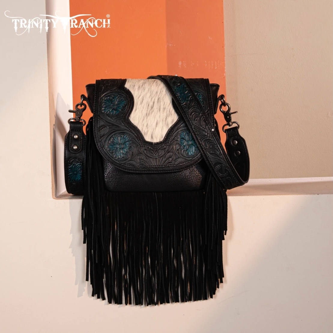 Trinity Ranch Genuine Hair-On Cowhide Tooled Fringe Crossbody Bag