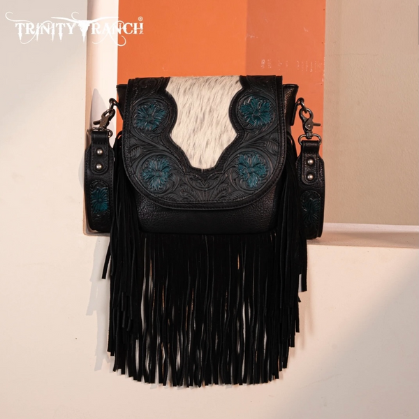 Trinity Ranch Genuine Hair-On Cowhide Tooled Fringe Crossbody Bag