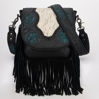 Trinity Ranch Genuine Hair-On Cowhide Tooled Fringe Crossbody Bag