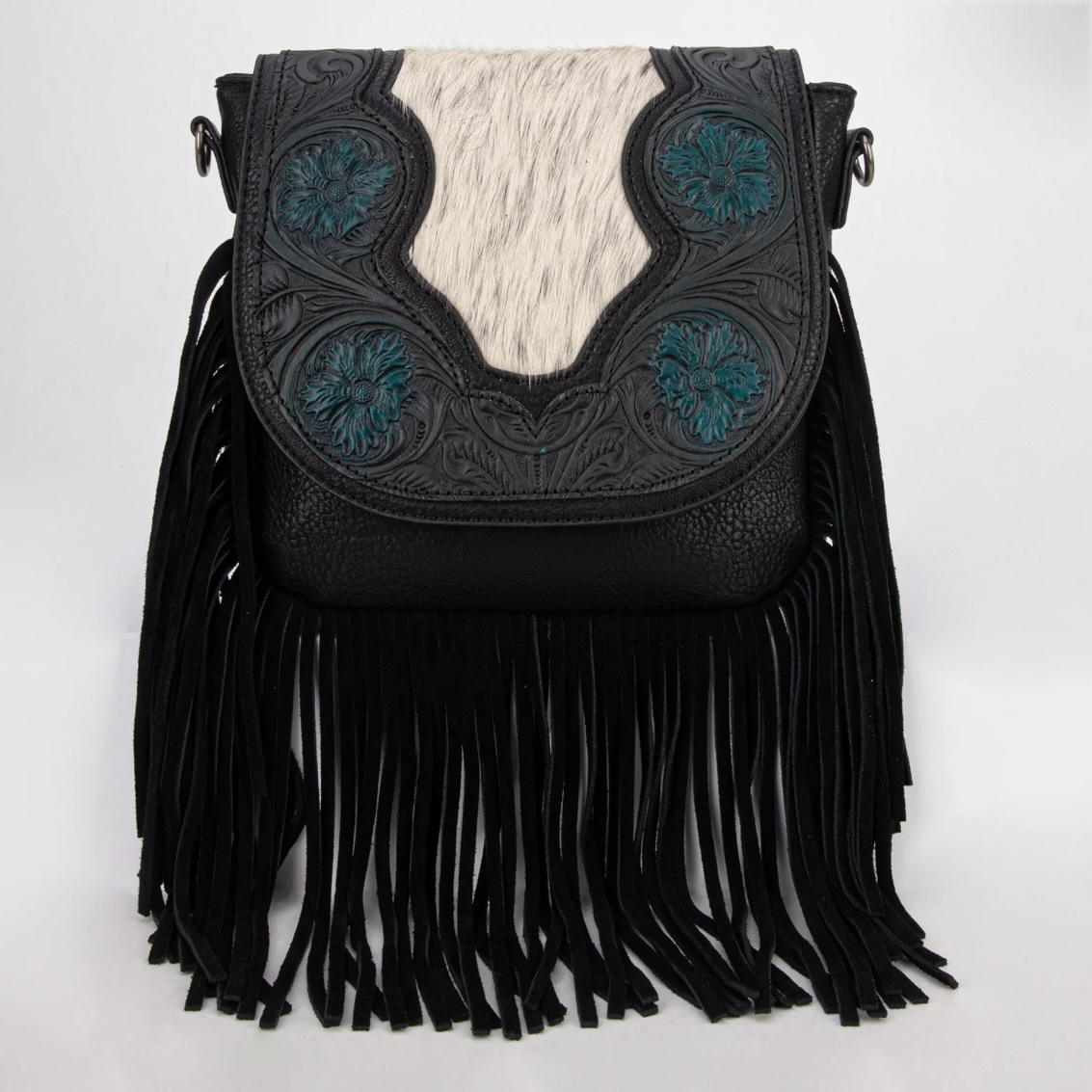 Trinity Ranch Genuine Hair-On Cowhide Tooled Fringe Crossbody Bag
