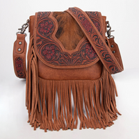 Trinity Ranch Genuine Hair-On Cowhide Tooled Fringe Crossbody Bag