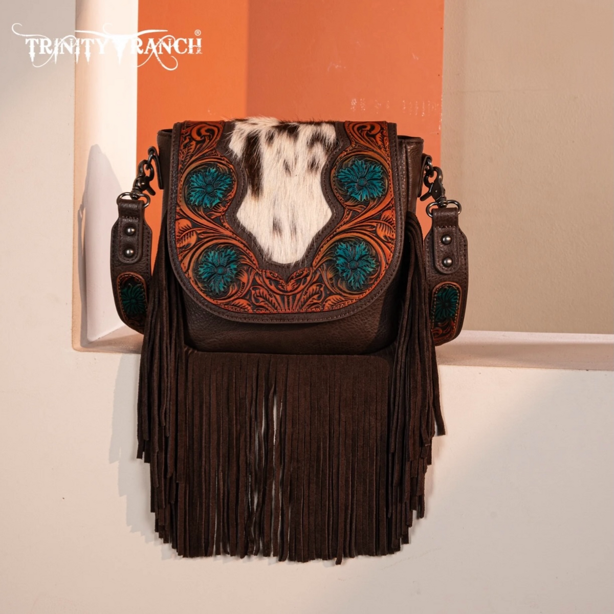 Trinity Ranch Genuine Hair-On Cowhide Tooled Fringe Crossbody Bag