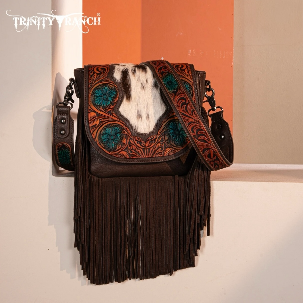 Trinity Ranch Genuine Hair-On Cowhide Tooled Fringe Crossbody Bag