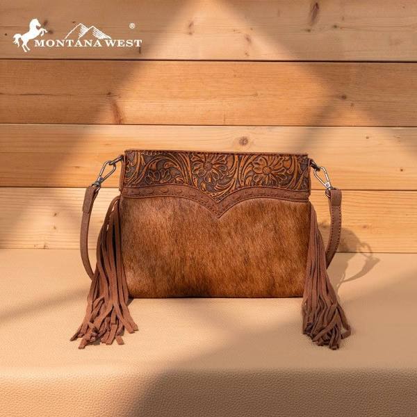 Trinity Ranch Floral Tooled Hair-On Cowhide Crossbody