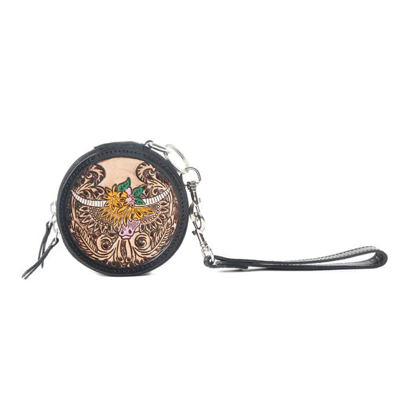 Myra Western Crest Handtooled Leather Coin Purse In Desert Tan