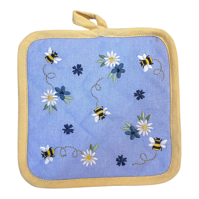 Blue Bee Embroidered Potholder