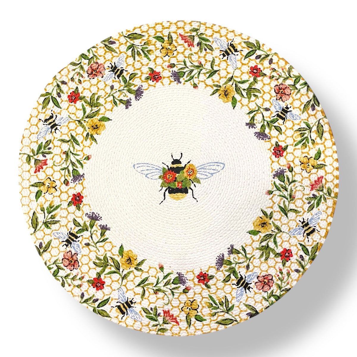 Floral Honey Bee Round 14.5” Braided Placemat