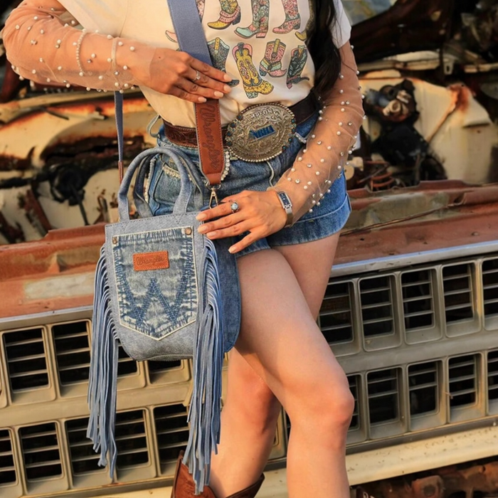 Wrangler Denim Pocket Fringe Crossbody Tote