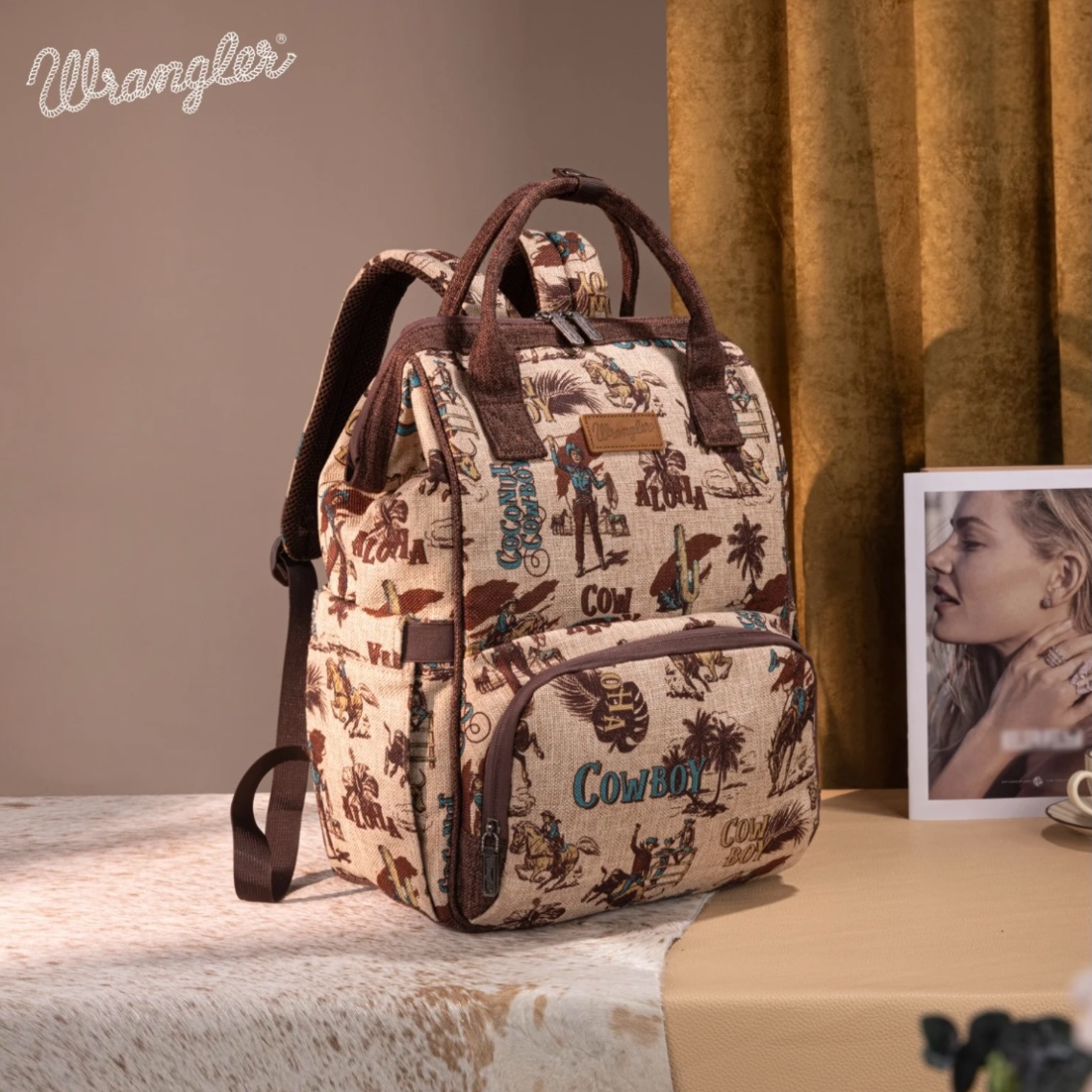 Wrangler Vintage Retro Cowboy Cool Print Backpack Tan