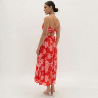 Red and Pink Pleated Strappy Midi Dress
