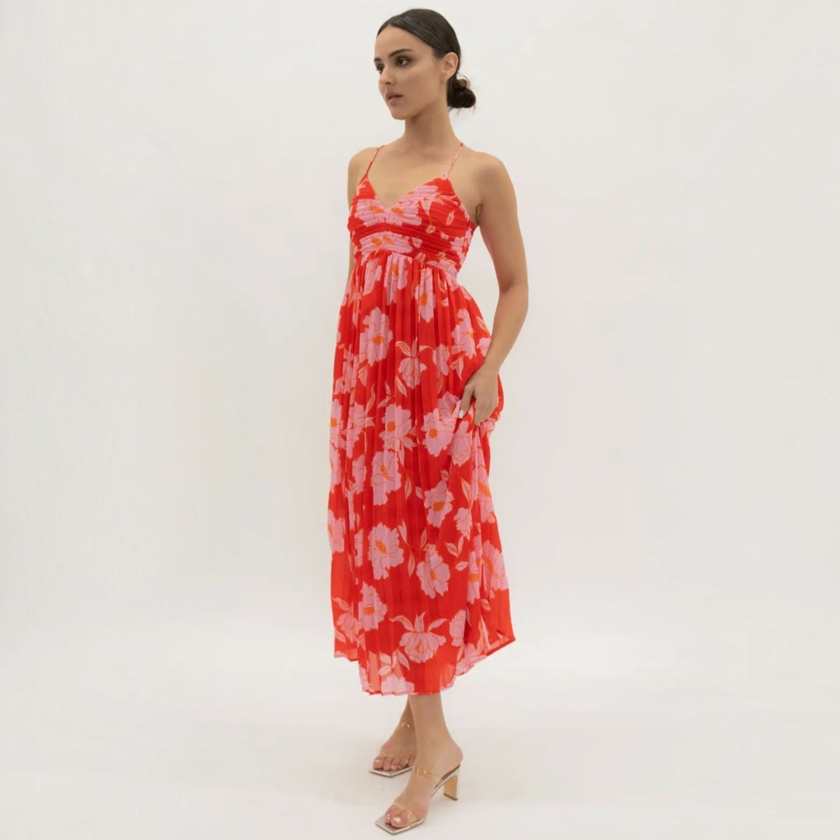 Red and Pink Pleated Strappy Midi Dress