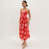 Red and Pink Pleated Strappy Midi Dress